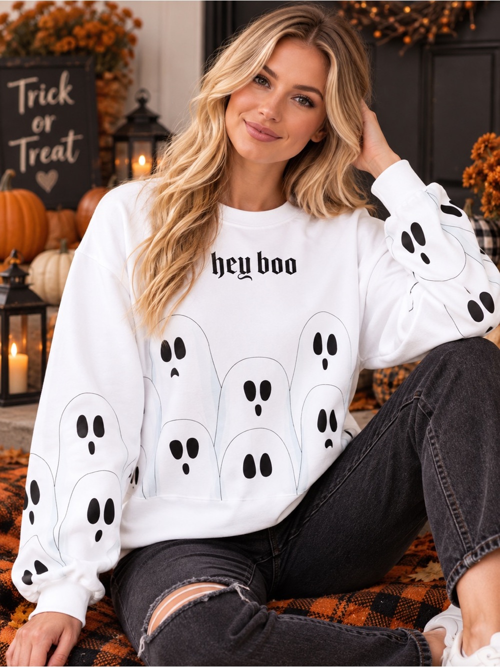 New Hey Boo White Ghost Graphic Sweatshirt - Women